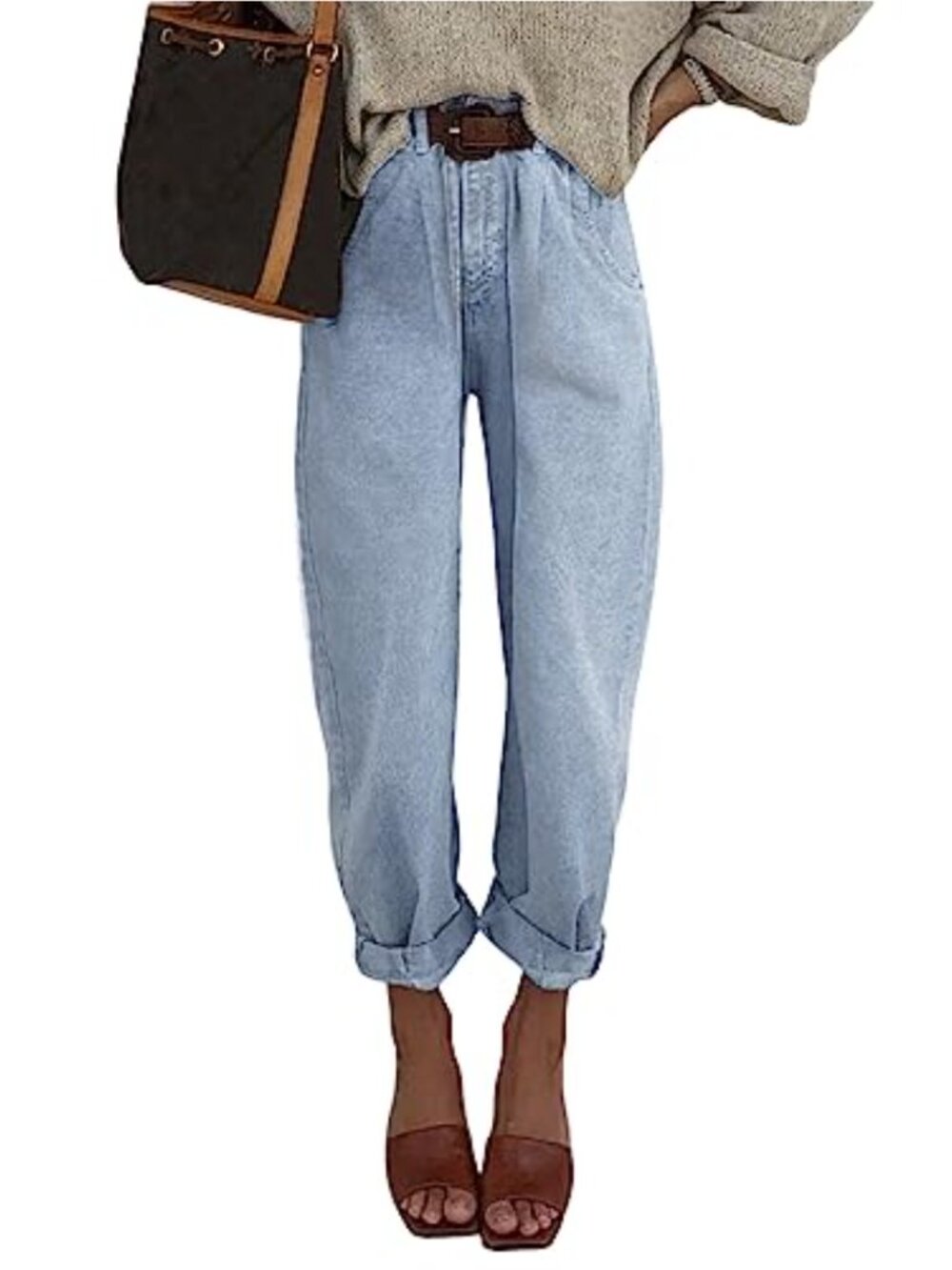 High Waisted Wide Leg Cropped Mom Jeans Loose Fit Denim Pants Casual